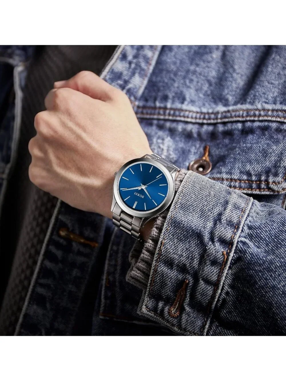 Men's Silver Blue Analog Quartz Stainless Steel Waterproof Round Luxury Watch